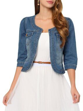 〽️Blue Women’s Cropped Jean Jacket | Collarless Denim Cardigan 3/4 Sleeve